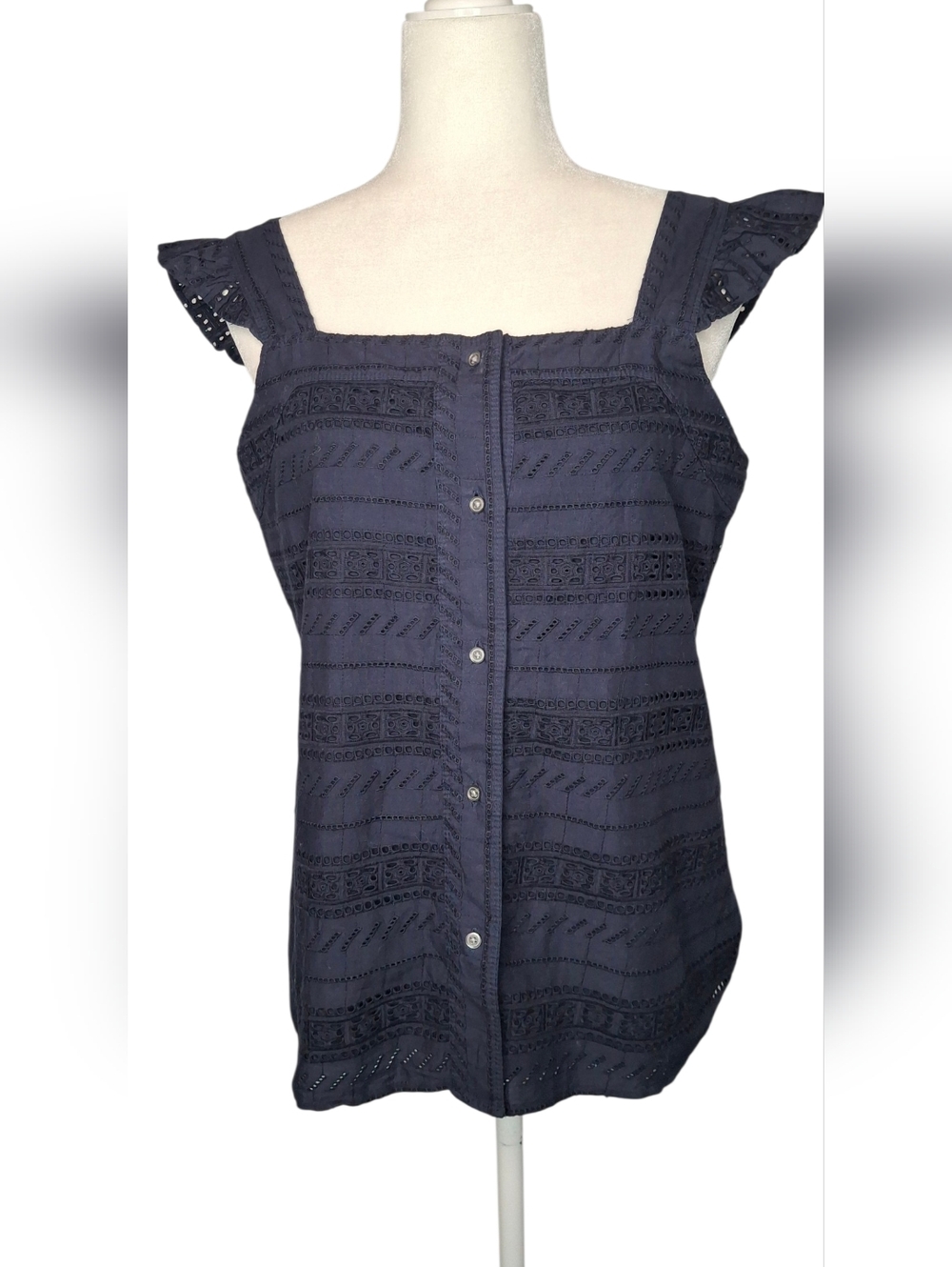 Loft Navy Blue Cap Ruffle Sleeve Eyelet Top Cotton Smocked Back Size M